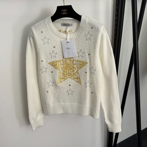 Dior Rhinestone Star Embroidery Pullover Long - sleeve Knit in Beige, Red, Gray, Blue