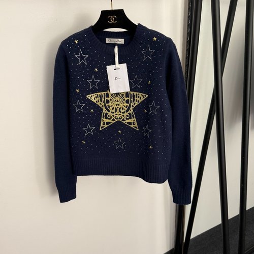 Dior Rhinestone Star Embroidery Pullover Long - sleeve Knit in Beige, Red, Gray, Blue