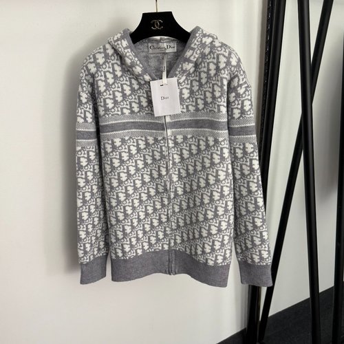 Dior Long-sleeved Hooded Knit Cardigan with Monogram Logo