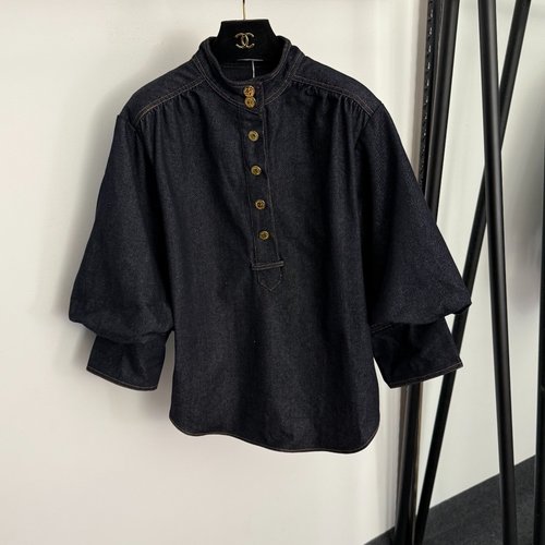 Zimmermann Blue Half-Open Button Lantern Sleeve Denim Top