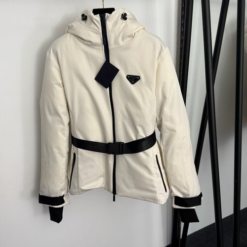 Prada Logo Triangle Long Sleeve Hooded Waist-Contracted Ski Jacket