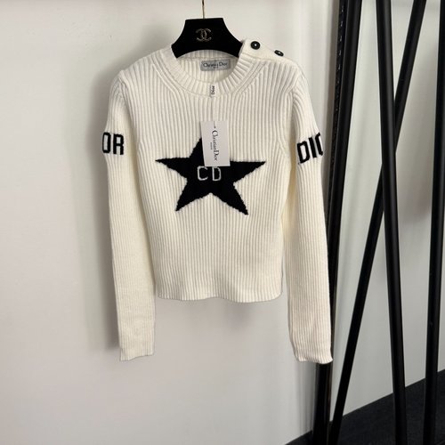 Dior Star Logo Buttoned Long-Sleeve Knit Shirt in White, Red and Black