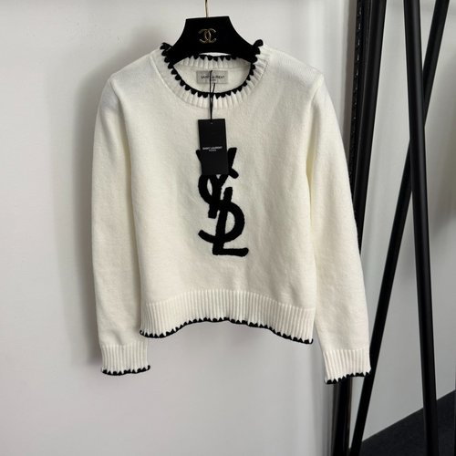 Yves Saint Laurent Furry Logo Embroidery Long-Sleeved Knitted Sweater in White, Red and Gray
