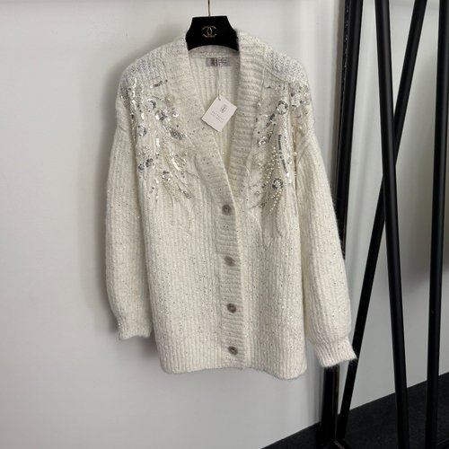 Loewe Pearl and Sequin Embellished V-Neck Knitted Cardigan in White, Gray and Black