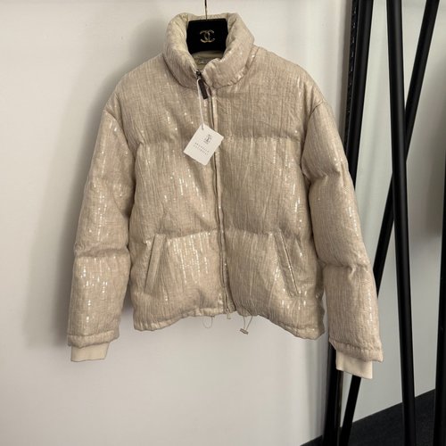 Loewe Sparkling Sequin-Inlaid Stand-Collar Down Jacket in Apricot