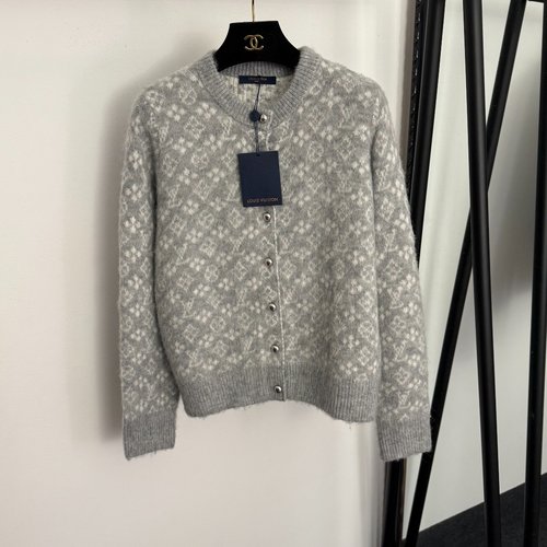 Louis Vuitton Gray & Beige Wool Knit Round-Neck Cardigan