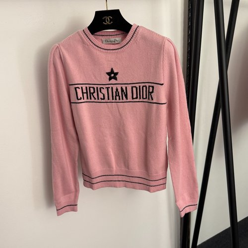 Dior Pink & Blue Star Logo Letter Wool Sweater