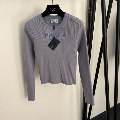 Prada Chest Logo Letter Slim Long-sleeve Knit Top