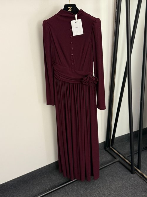 Dior Burgundy Star-Studded Waist-Flowered Semi-High Collar Long-Sleeve Dress