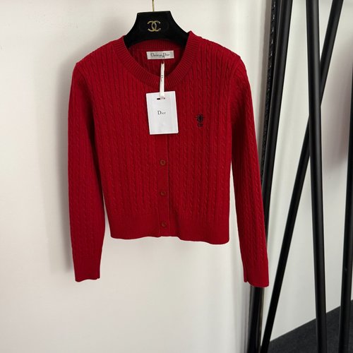 Dior CD Bee-Embroidered Twisted Long-Sleeve Knit Cardigan in Red