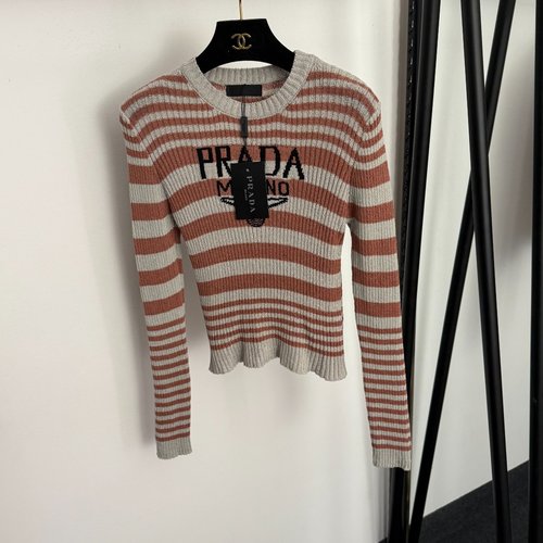 Prada Color-Blocked Logo Striped Long-Sleeve Knit Top in Coffee and Black