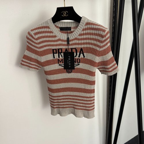 Prada Color-Blocked Logo Striped Short-Sleeve Knit Top in Coffee and Black