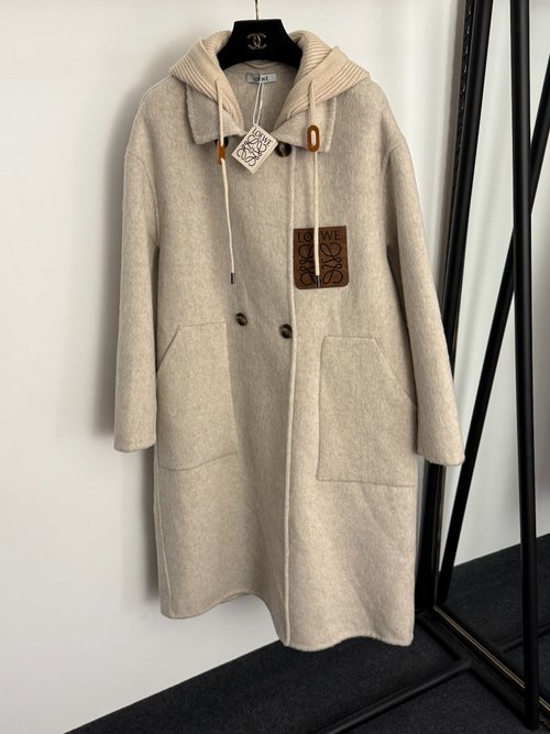 Loewe Detachable-Hood Woolen Overcoat with Logo Patch, Apricot and Dark Gray