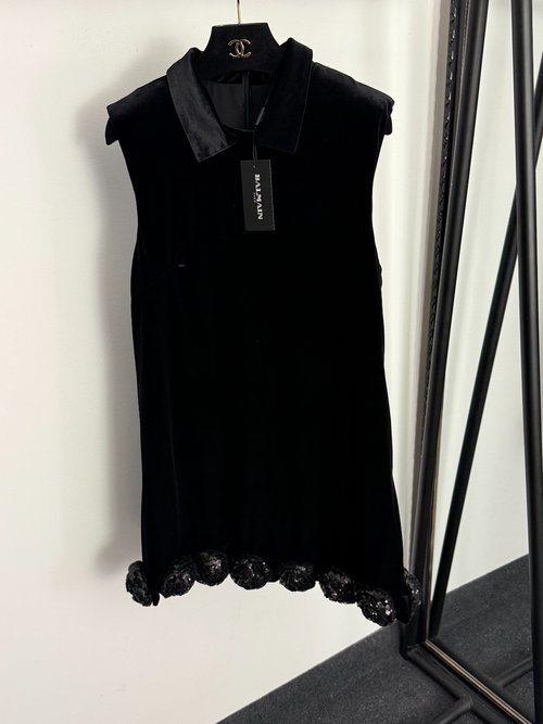 Balmain Sleeveless Velvet Vest Dress with Sequin Rose Hem in Black