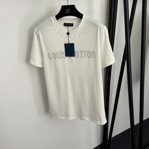 Louis Vuitton Cotton Short-Sleeve T-Shirt with Hot-Fixed Bead Logo in White and Black
