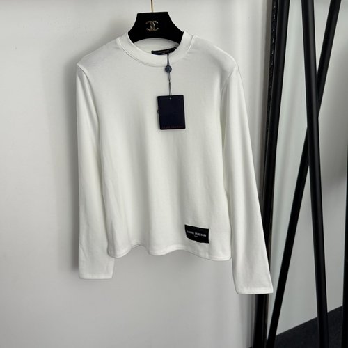 Louis Vuitton Letter Button Decorated Long-Sleeve T-shirt in White, Black and Brown