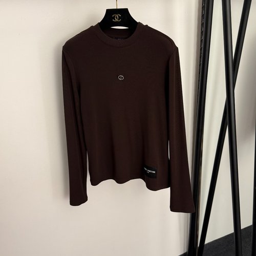 Louis Vuitton Letter Button Decorated Long-Sleeve T-shirt in White, Black and Brown