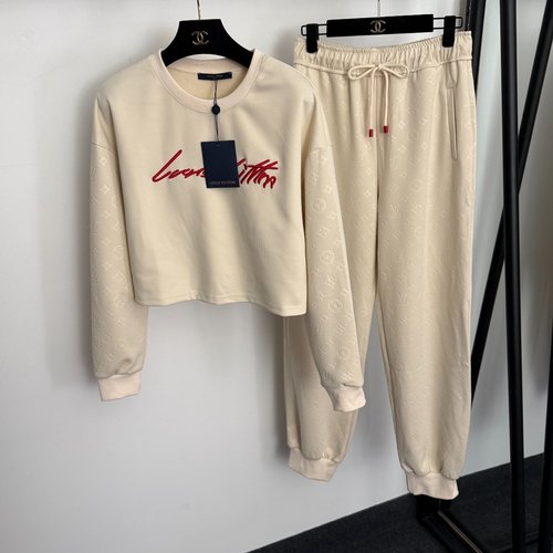 Louis Vuitton Suit with Monogram Logo Embroidery Hoodie and Elastic Waist Pants in Apricot