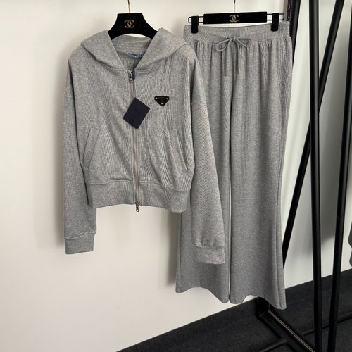 Prada Set with Logo Triangle Front Jacket and Elastic-Waist Pants in Gray