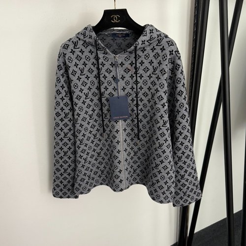 Louis Vuitton Timeless Monogram Logo Jacquard Long-Sleeve Wool Knit Zip-Up Jacket in Gray