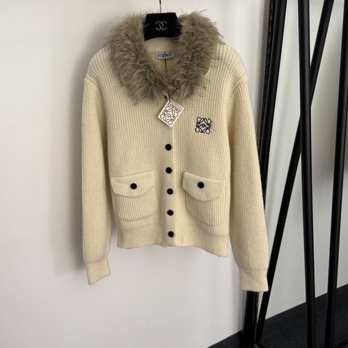Loewe Logo-Embroidered Mink-Collar Long-Sleeve Knit Cardigan