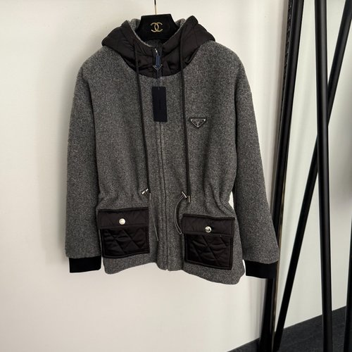 Prada Distinguished Logo Triangle-marked Woolen Jacket with Drawstring Waist