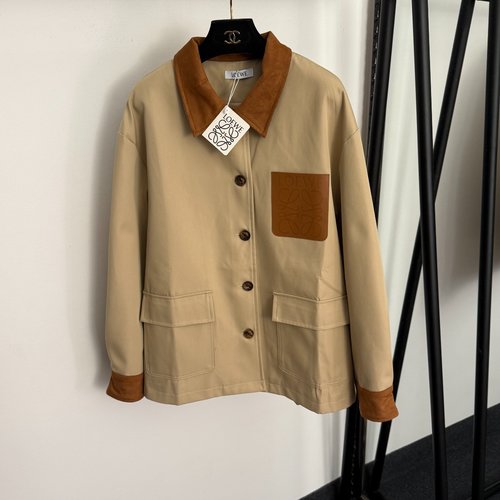 Loewe Stylish Patchwork Logo Suede-Fringed Workwear Jacket with Single Pocket