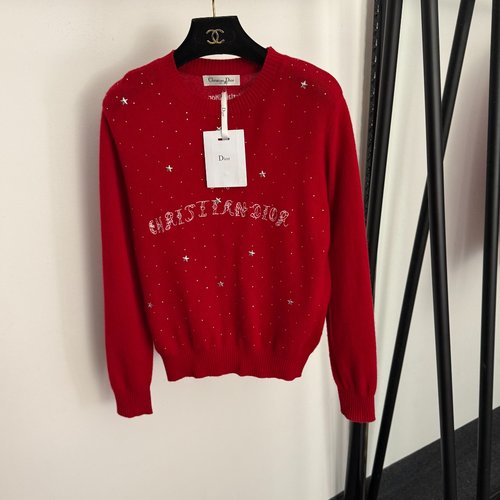 Dior Red Long-Sleeve Wool Cashmere Knit Sweater with Star and Letter Embroidery