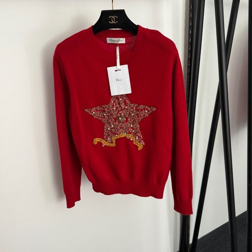 Dior Red Long-Sleeve Wool Cashmere Knit Sweater with Studded Star Embroidery