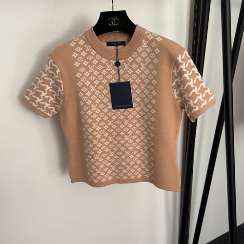 Louis Vuitton Light Pink and Blue Short-Sleeve Knit Top with Vintage Logo Jacquard