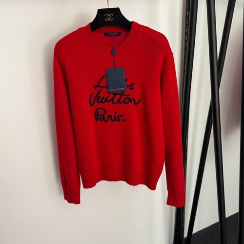 Louis Vuitton Red Long-Sleeve Wool Knit Sweater with Chest Logo Embroidery