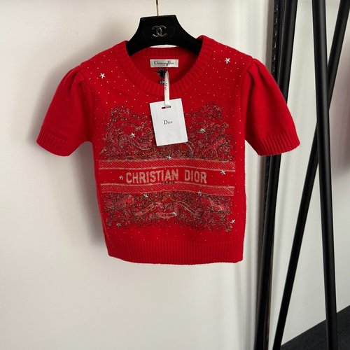Dior Red Five-Pointed Star Rhinestone Embroidery Knit Top