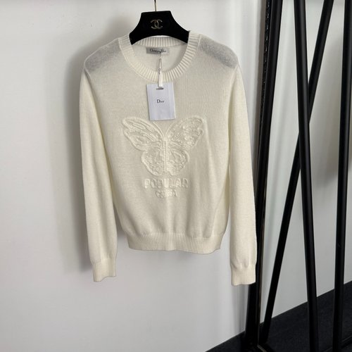 Dior Beige Pink Blue Gray Butterfly Embroidery Knit Top
