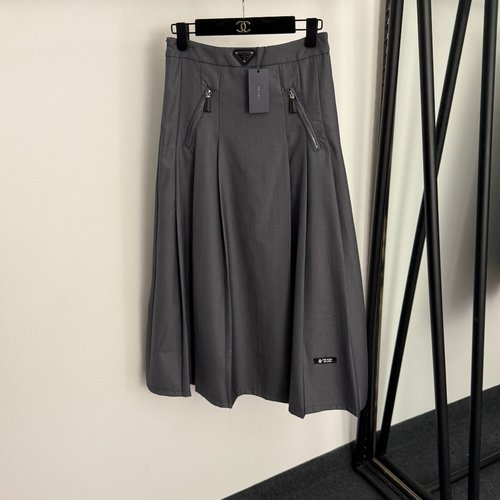 Prada Logo Triangular-Labeled Zippered High-Waist Suit Skirt in Two Colors