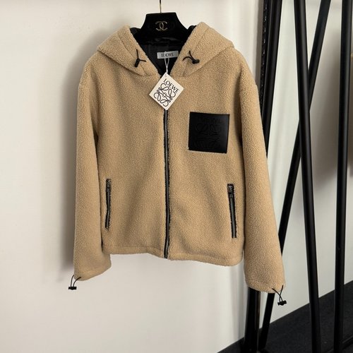 Loewe Single Pocket Long Sleeve Hooded Lamb Wool Zipper Coat with Leather Patch Logo