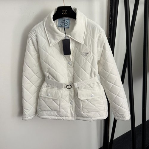 Prada Collared Long Sleeve Cotton Coat with Logo Triangle Embroidery and Belt