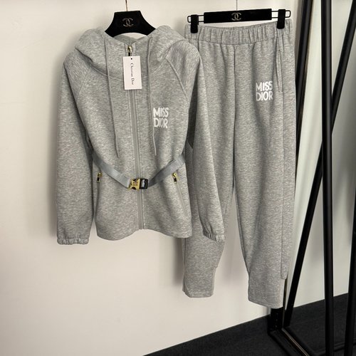 Dior Gray and Black Print Zippered Hoodie and Jogger Set