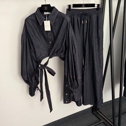 Zimmermann Bow Tie Waist Denim Shirt and High-Waist Jeans Set