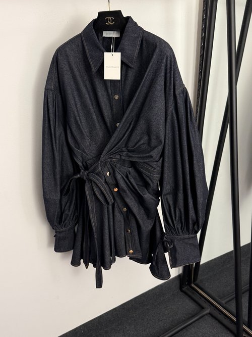 Zimmermann Blue Irregular Button Bow Tie Waist Denim Shirt Dress