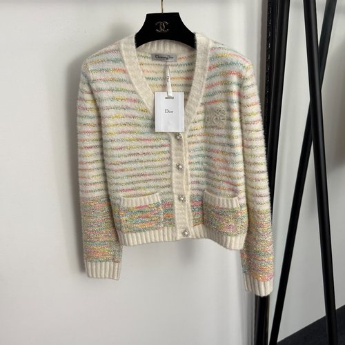 Dior Logo Embroidery Patch Colorful Striped V-Neck Long-Sleeved Knit Cardigan in Apricot and Light Green