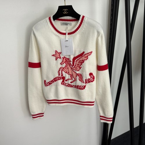 Dior Horse Pegasus Pattern Pullover Long-Sleeved Knit Sweater in White and Black