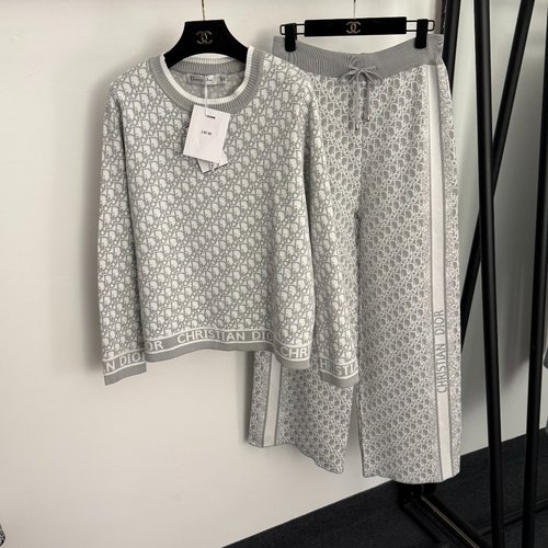 Dior Furla Logo Jacquard Sweater with High-Waisted Knit Trousers in Gray and Black