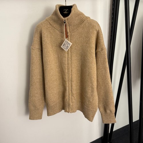 Loewe Back Logo Zipper Long-Sleeve Wool Knit Cardigan in Khaki