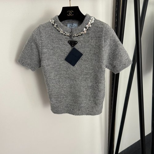 Prada Logo Triangle Sequin Round-Neck Short-Sleeve Knit Top in Gray