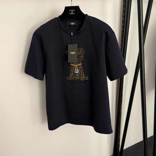 Fendi F Letter Puppy Embroidery Cotton Short-Sleeve T-Shirt in Navy