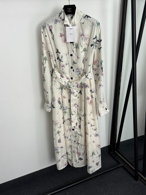 Dior Colorful Flower Print Dress with Belt in Beige