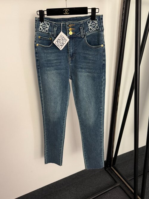Loewe High-Waisted Stretch Jeans with Waist Logo Embroidery in Blue