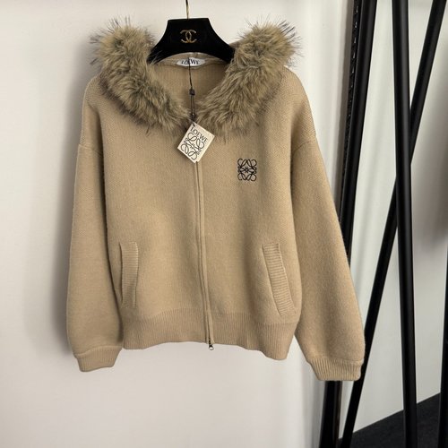 Loewe Embroidered Logo Detachable Mink Collar Long Sleeve Knit Cardigan in Khaki