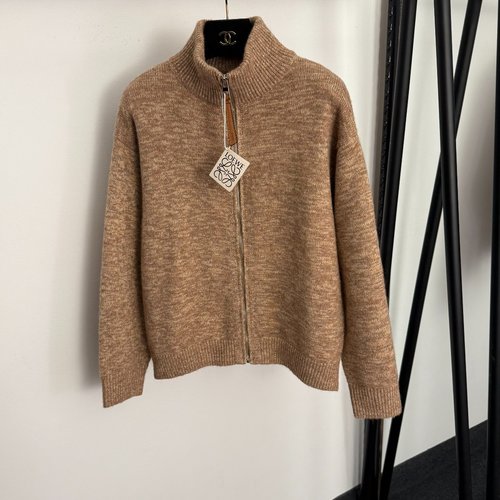 Loewe New Back Contrast Logo Stand-Up Collar Long Sleeve Knit Cardigan in Coffee