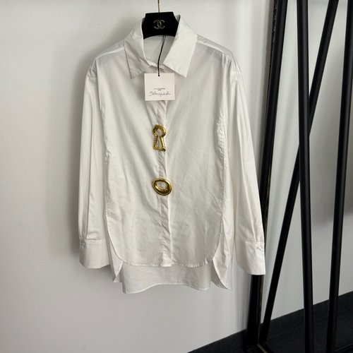 Schiaparelli New Asymmetric Metal Button Decorated Long-sleeved Shirt in White, Brown and Black